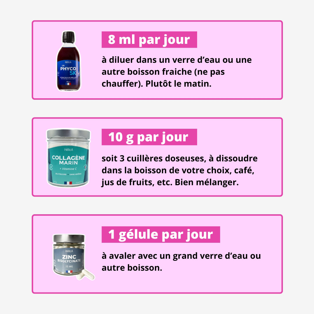 Conseils de consommation du Pack beauté de la peau. 8 ml de la Phyco 5K à diluer dans un verre d'eau. 10g de collagène marin à dissoudre dans la boisson de votre choix. 1 gélule par jour de zinc bisglycinate.