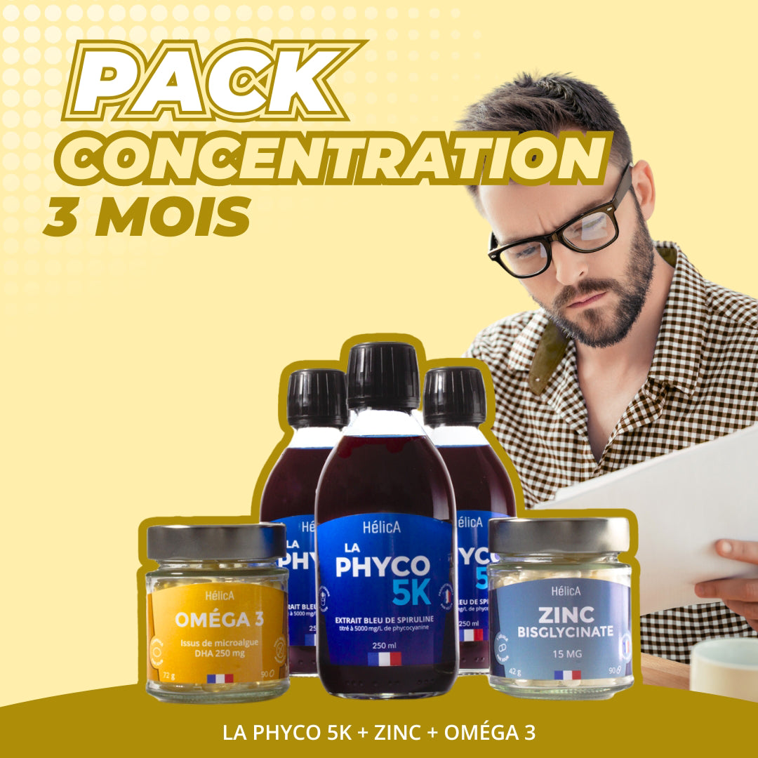 Pack concentration 3 mois. Visuel graphique avec en fond un homme concentré. Photo des produits présents dans le pack : 3 bouteilles de La Phyco 5K, 1 pot d'oméga 3, 1 pot de zinc bisglycinate.