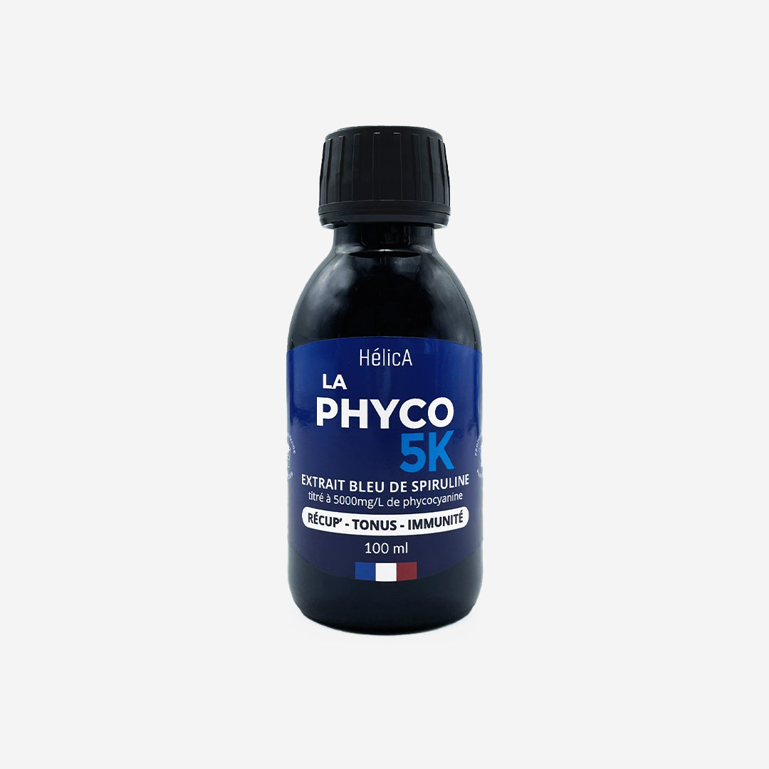 Bouteille 100ml La Phyco 5K HélicA Extrait bleu de spiruline titré à 5000mg/L de phycocyanine