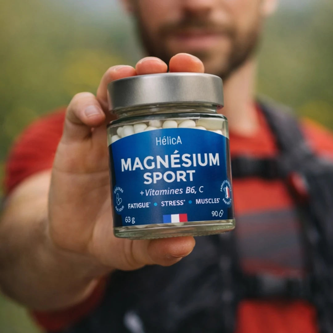 Sportif tenant un pot de 90 gélules de Magnésium Sport HélicA