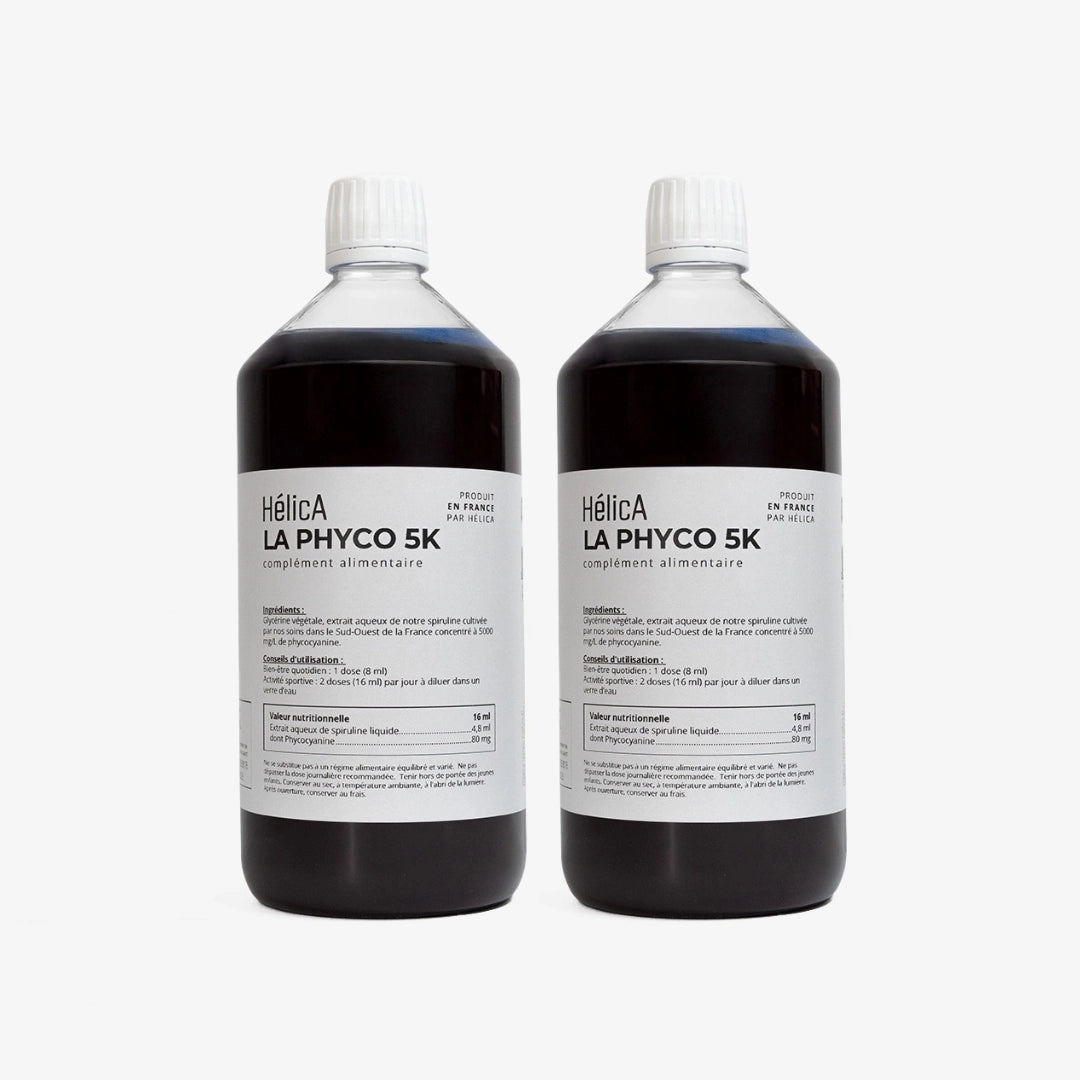 Deux bouteilles d'un litre de phycocyanine HélicA pour 8 mois de cure