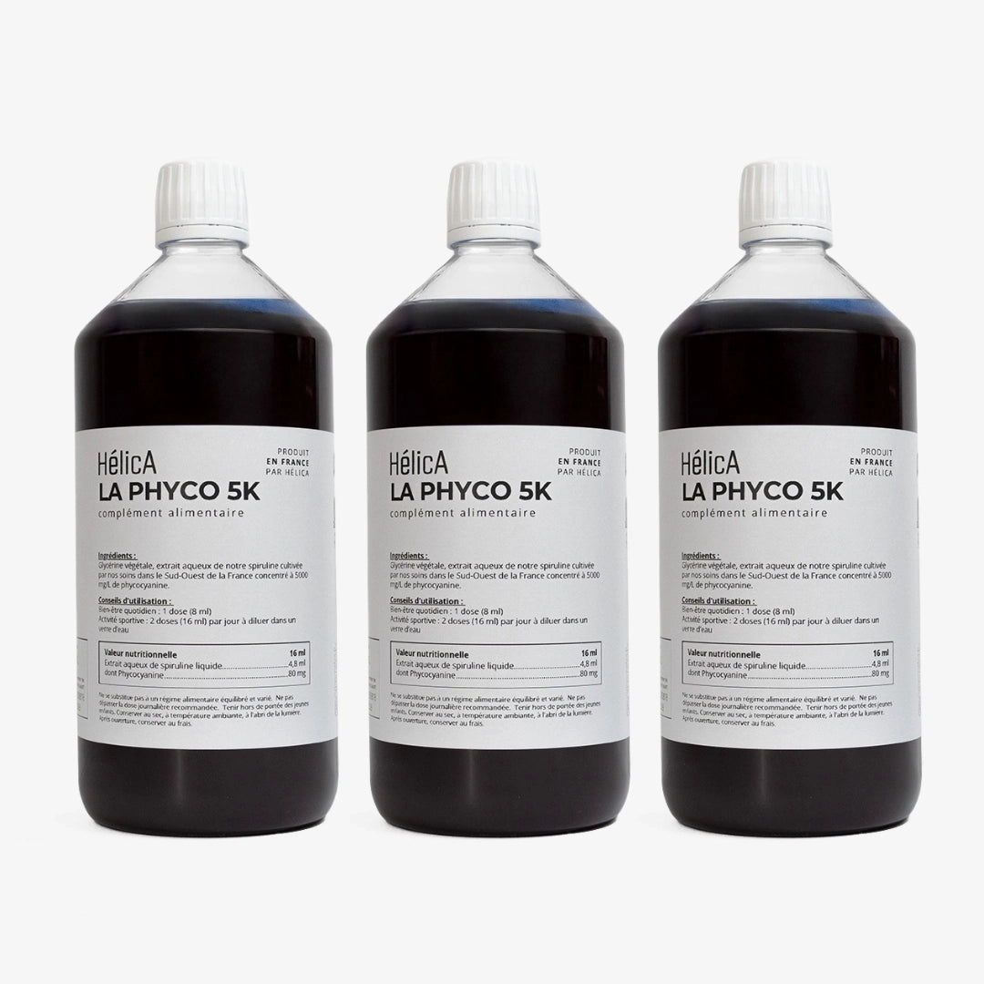 Trois bouteilles d'un litre de phycocyanine HélicA pour 1 an de cure