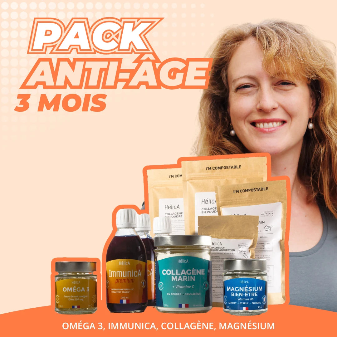 Pack 3 mois anti-âge avec Immunica premium, collagène, omega 3, magnésium