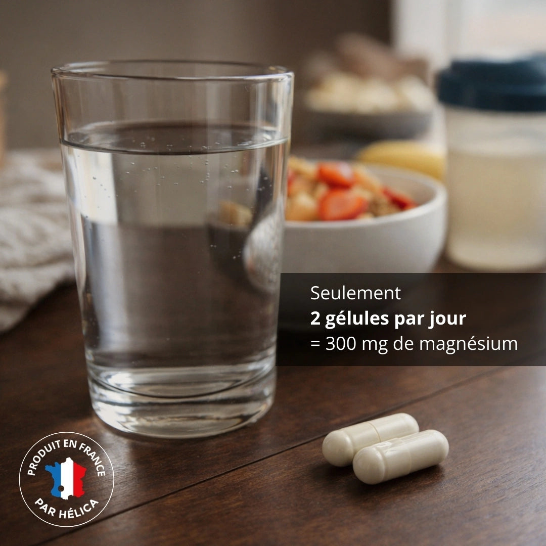 2 gélules posée à côté d'un verre d'eau lors d'un petit déjeuner sportif. Posologie : 2 gélules par jour seulement pour avoir 300 mg de magnésium. Produit en France par HélicA