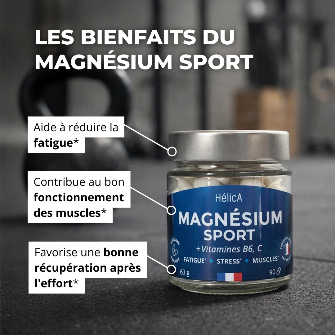 Les bienfaits du magnésium sport : Aide à réduire la fatigue, Contribue au bon fonctionnement des muscles, favorise une bonne récupération après l'effort