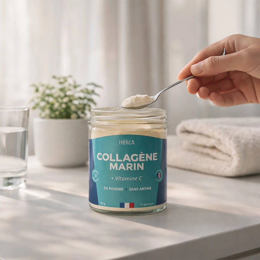 Collagène marin français en poudre avec vitamine C – Hélìca, complément alimentaire pour peau, articulations et cheveux