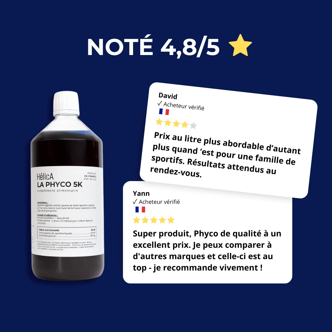Avis clients La Phyco 5K format 1 litre – note 4,8/5 – retours d’acheteurs vérifiés sur le prix au litre et la qualité