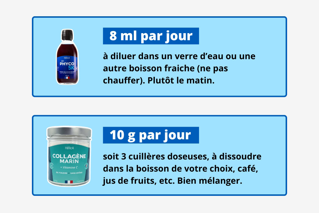 Instructions d'utilisation du Pack Confort Musculaire : La Phyco 5K - 8 ml par jour, à diluer dans un verre d’eau ou une autre boisson fraiche (ne pas chauffer). Plutôt le matin. 
Collagène : - 10 g par jour, soit 3 cuillères doseuses, à dissoudre dans la boisson de votre choix, café, jus de fruits, etc. Bien mélanger.