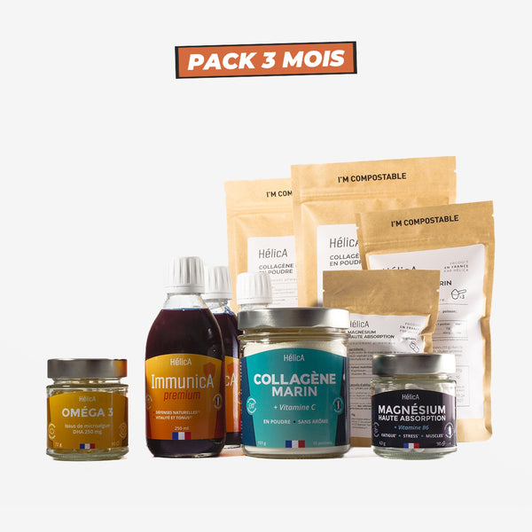 Pack 3 mois anti-âge avec Immunica premium, collagène, omega 3, magnésium