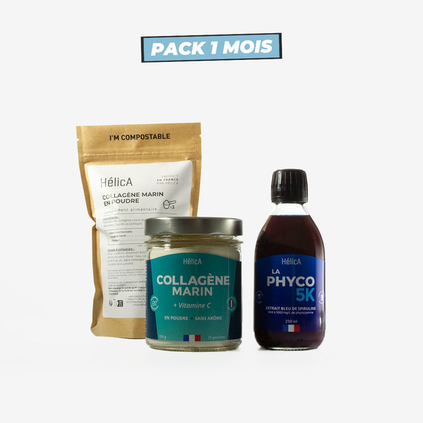 Pack 1 mois Confort Articulaire avec 1 pot de collagène marin + 1 recharge (30 doses) et 1 bouteille de 250 ml de La phyco 5K.