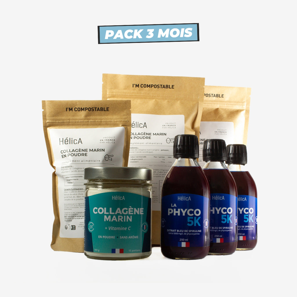 Pack 3 mois Confort Articulaire avec 1 pot de collagène marin + 3 recharges (90 doses en tout) et 3 bouteilles de 250 ml de La phyco 5K.