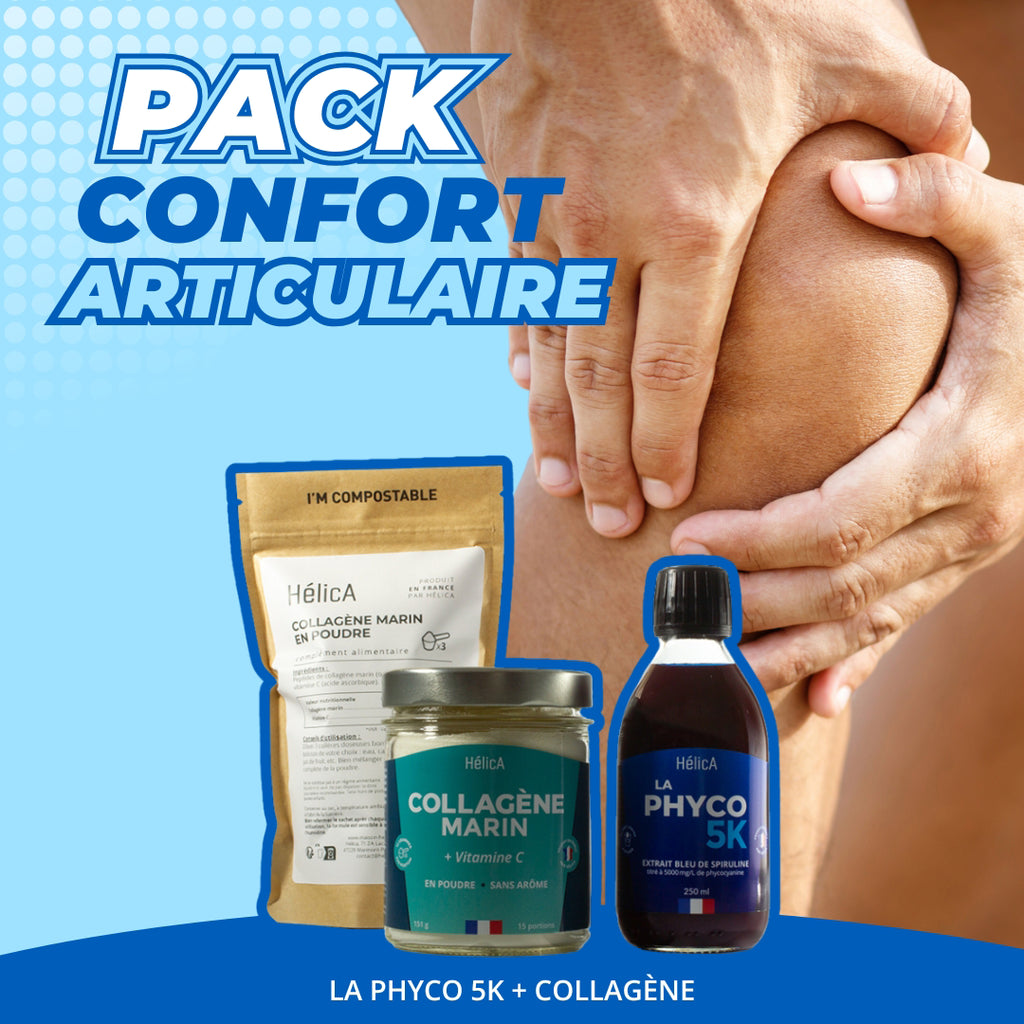 Visuel du Pack Confort Articulaire HélicA comprenant La Phyco 5K (extrait bleu de spiruline) et du Collagène Marin (en poudre et en pot avec vitamine C), avec visuel d'une main tenant un genou, symbolisant le soutien des articulations.