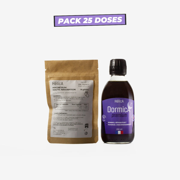 Contenu du Pack Sommeil Format 25 doses : 50 gélules de magnésium + 1 bouteille de DormicA premium