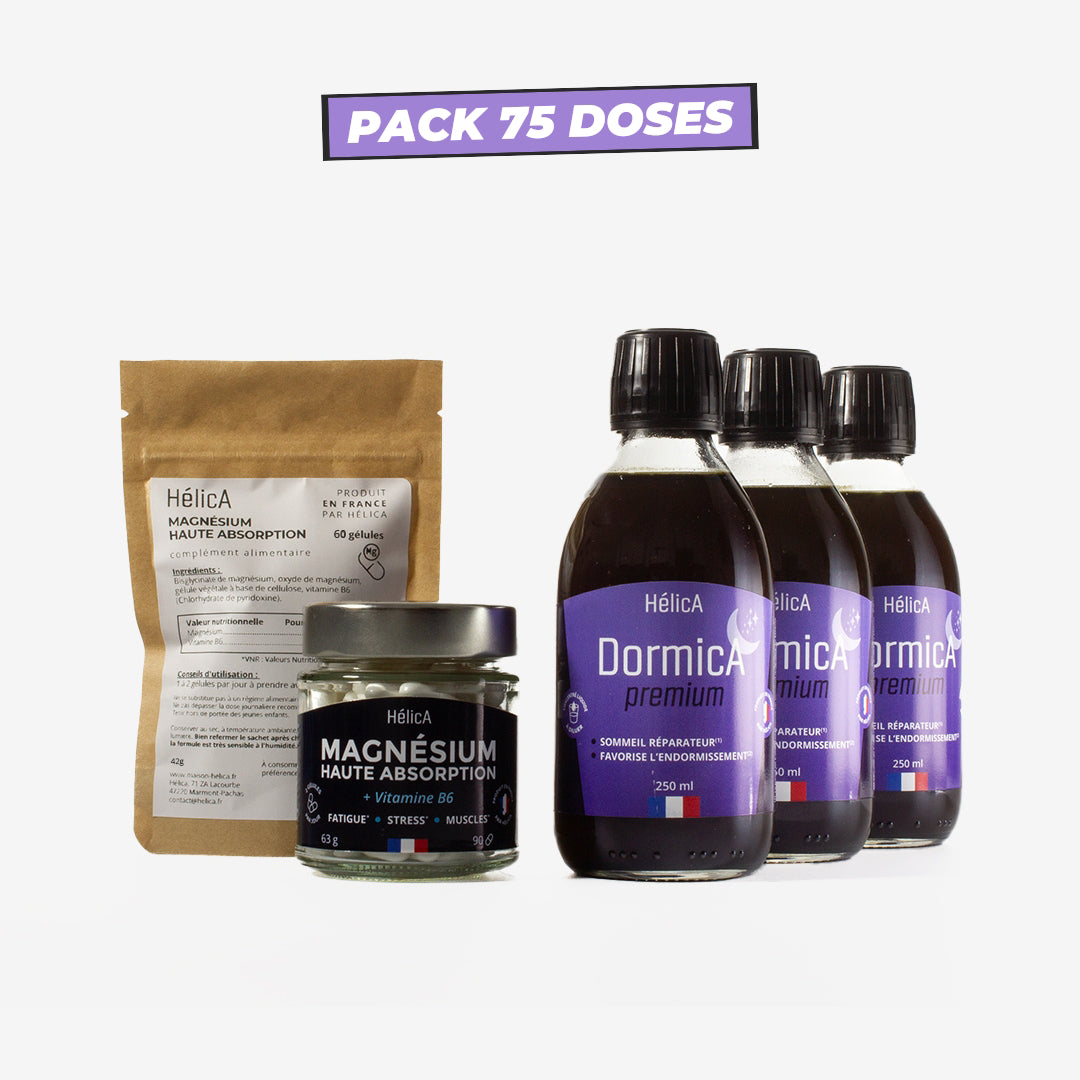 Contenu du Pack Sommeil Format 75 doses : 1 pot de 90 gélules de Magnésium Haute Absorption + 60 gélules de magnésium + 3 bouteilles de DormicA premium