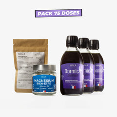 Contenu du Pack Sommeil Format 75 doses : 1 pot de 90 gélules de Magnésium Haute Absorption + 60 gélules de magnésium + 3 bouteilles de DormicA premium