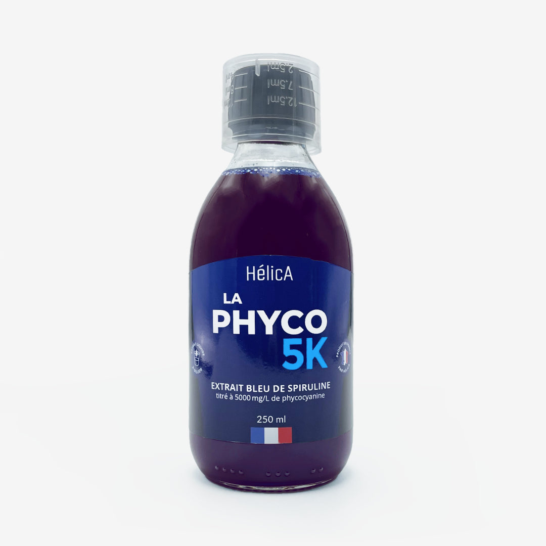 Bouteille 250ml La Phyco 5K HélicA Extrait bleu de spiruline titré à 5000mg/L de phycocyanine