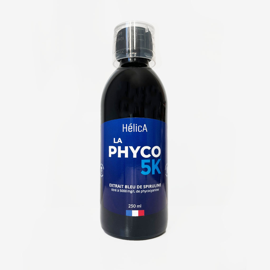 Bouteille 250ml La Phyco 5K HélicA Extrait bleu de spiruline titré à 5000mg/L de phycocyanine
