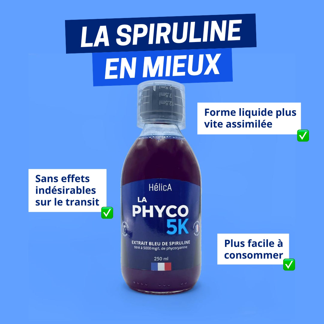 La spiruline en mieux : sans effets secondaires sur le transit, forme liquide plus vite assimilée, plus facile à consommer